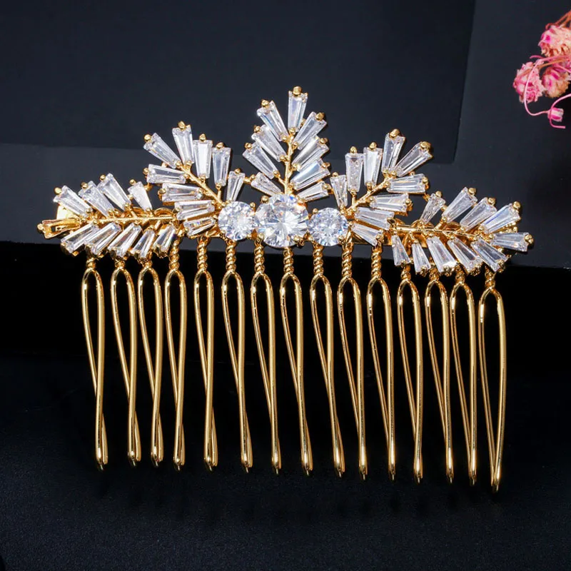 Yellow Gold Color BeaQueen благородный лист цветок кубический циркон кристалл свадебная прическа расчески Дубай Золотой Цвет Тиара головной убор женские ювелирные изделия H010 - Окраска металла: Yellow Gold Color