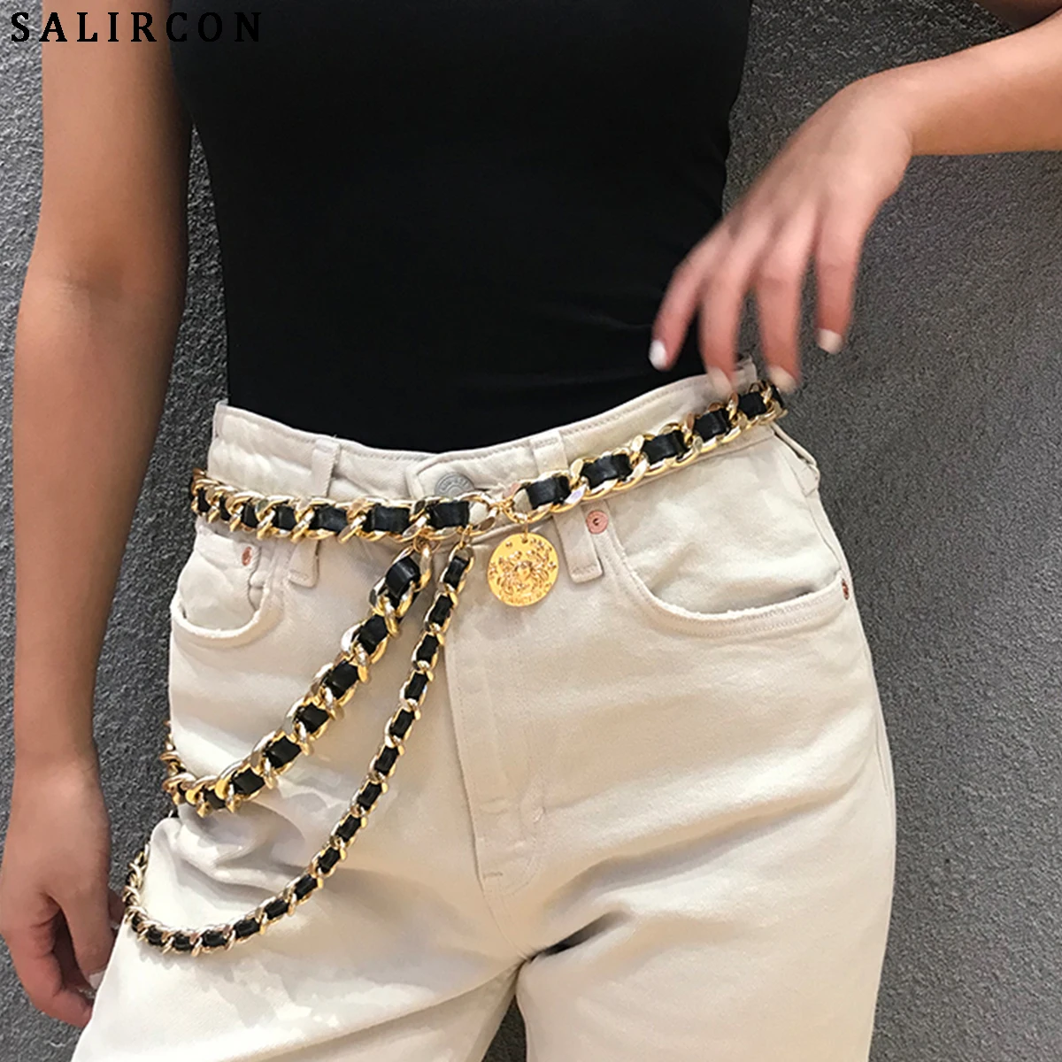 

Salircon Fashion Punk Waist Chain Chunky Thick Chain Geometric Leather Gold Alloy Chain Body Chain Waist Chain for Woman Party