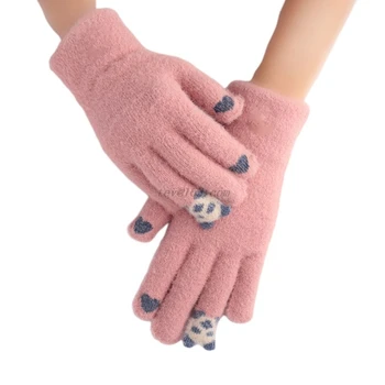 

Women Kids Winter Thick Warm Knit Touchscreen Gloves Cute 3D Cartoon Panda Outdoor Cold Weather Full Fingered Mittens