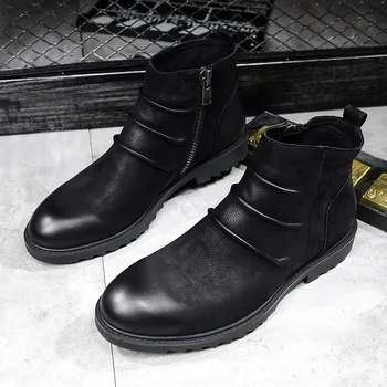 

mens casual chelsea boots cowboy genuine leather shoes black platform desert boot autumn winter ankle botas masculinas zapatos