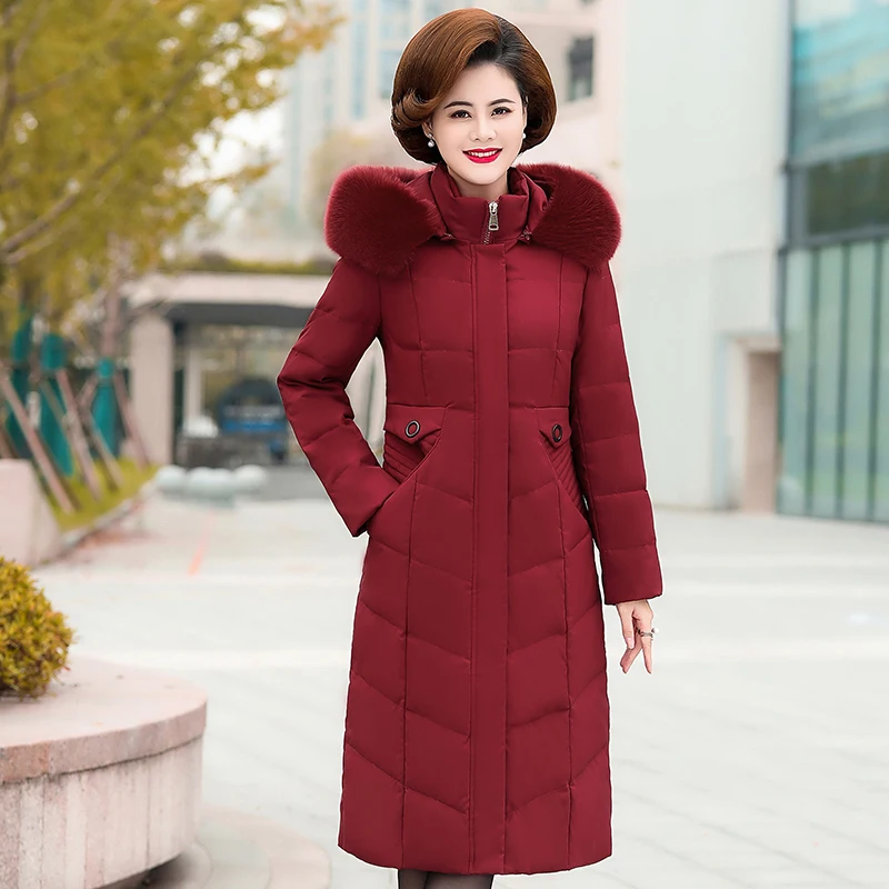 Теплая зимняя женская куртка больших размеров 5XL 6XL, женские длинные парки с капюшоном и меховым воротником, приталенная женская пуховая хлопковая куртка, зимнее пальто - Цвет: Бургундия