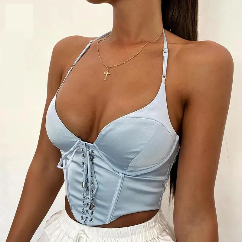 

Women Sleeveless Bustier Corset Top Fashion Chic Satin Crop Top Sexy Halter Backless Cropped Feminino Vest Top Cropped Tube Tops