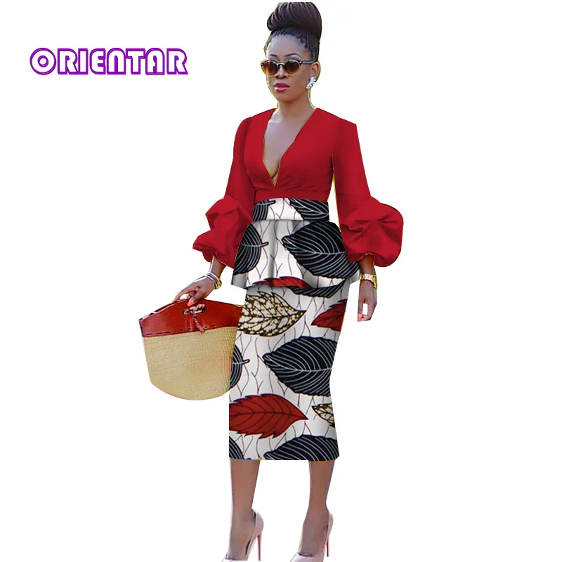 Женская африканская юбка с длинным рукавом, укороченный топ, африканская одежда с глубоким v-образным вырезом, топы с пышными рукавами, юбки-карандаш, африканские костюмы WY3923