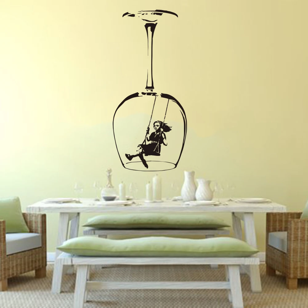 Banksy Swinging Girl Wine Glass Wall Sticker Kitchen Dining Room Graffitti Street Culture Banksy Wall Decal Cooking Vinyl Decor (1)