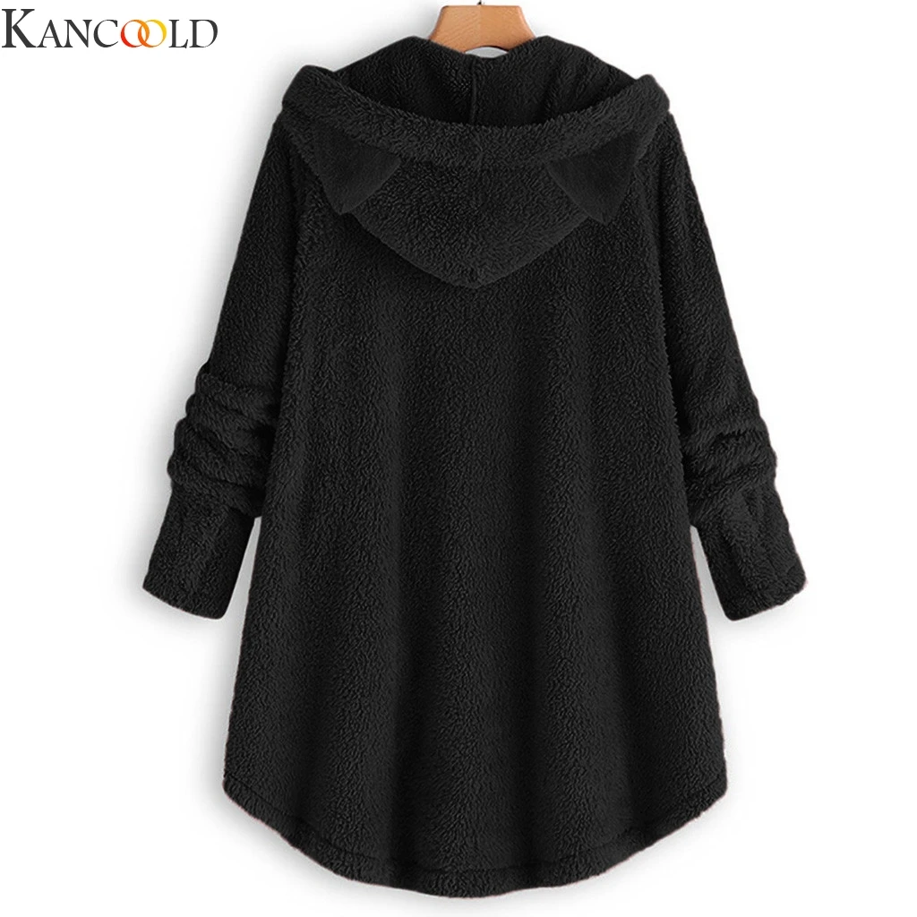 KANCOOLD, женские толстовки, толстовка, зимняя, утолщенная, теплая, флисовая, с милыми кошачьими ушками, на пуговицах, пальто, Kawaii, пуловер с капюшоном, свободные толстовки