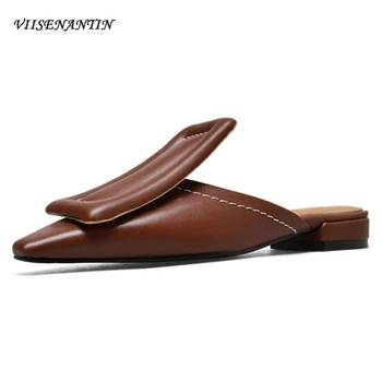 

Square Toe Muller Shoes Women Genuine Cow Leather Lazy Flat-bottomed Thick Heel Outer Wear Slippers Sewing Fashion Shoes Ladies