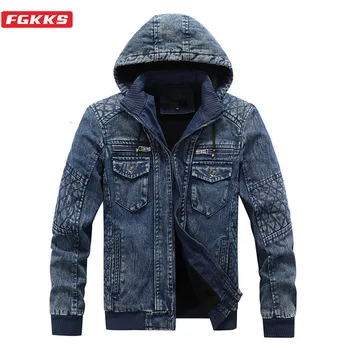 

FGKKS Brand Men Hooded Denim Jacket Winter New Men's Fashion Casual Wild Jacket Plus Velvet Thick Denim Jackets Male