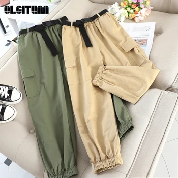 

Streetwear Casual Women Full Length Elastic Waist Sashes Pockets Belt Cargo Pants Hagh Waist Loose Trousers for Female