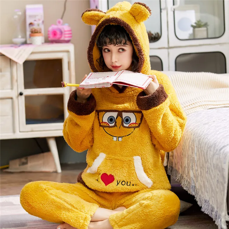 Autumn Winter Womens Pajama Set Thickened Flannel Pajamas Sets Long Sleeve Cartoon Sleepwear Home Wear for Girls Pj Set Pyjams