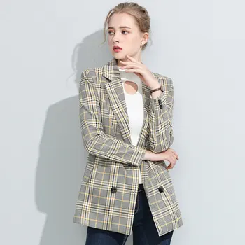 

2020 British Woman Elegant Plaid Long Blazer for Women Spring Autumn Casual Blaser Mujer Vintage Double Breasted Blazer Female