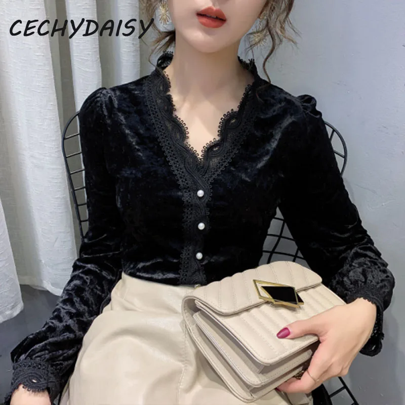Женская блузка в винтажном стиле длинные рукава офисные lady Beaded кружевной
