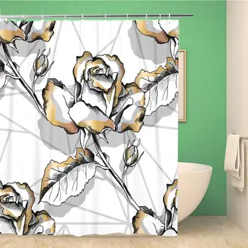 

Bathroom Shower Curtain Beautiful of Gold Rose Flowers and Abstract Geometry Polyester Fabric 72x78 inches Waterproof Bath