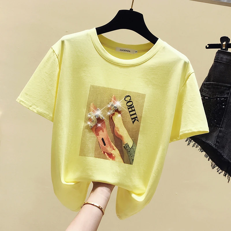 

Short Sleeve Nail Bead Cotton Woman Clothes Women'S T-Shirts Harajuku Vintage Tops Blouses Spring Autumn Summer Style 2021