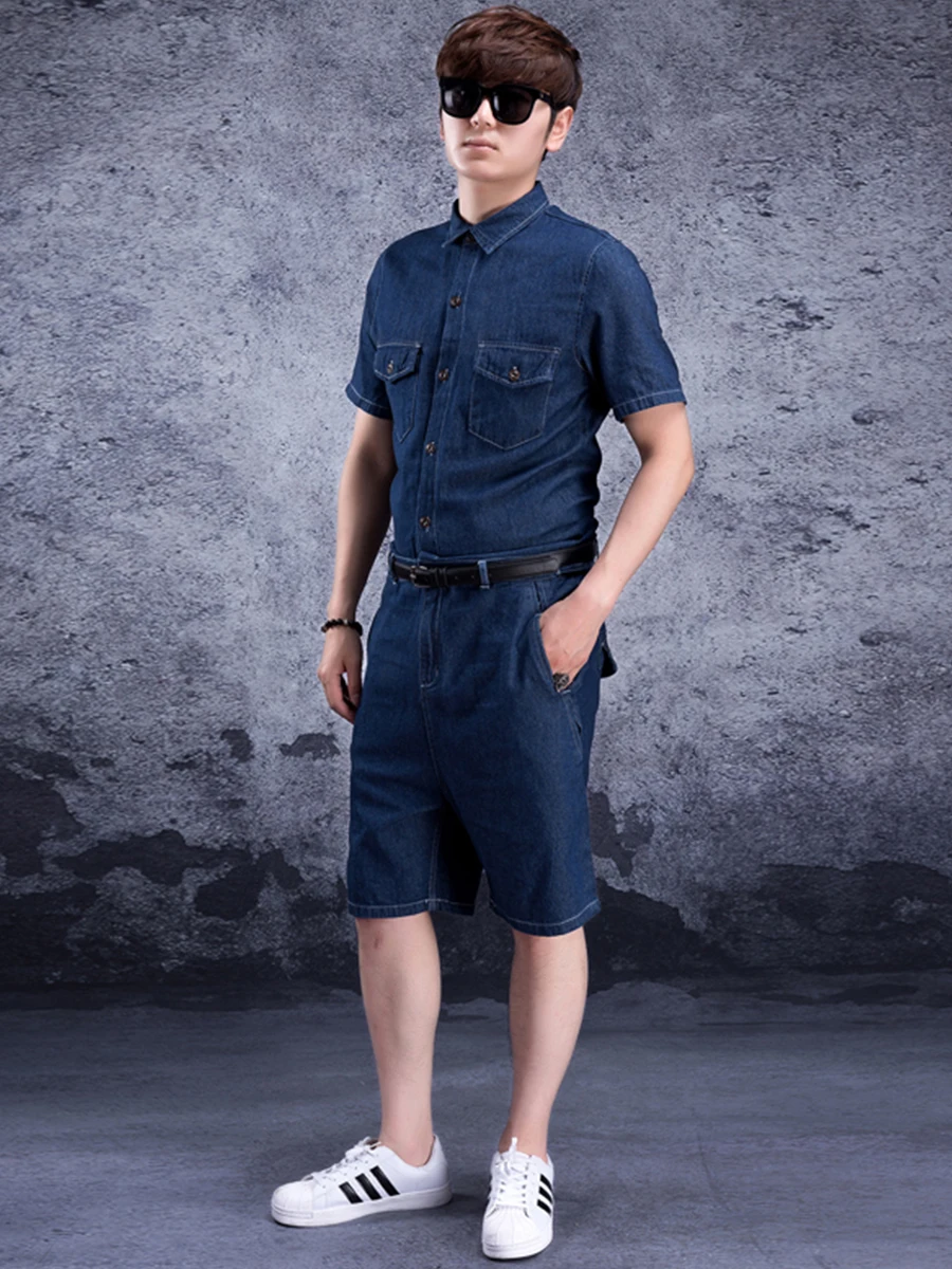 Siamese denim men's jumpsuit denim suit Siamese men's tide jumpsuit men's wear tide denim shorts short sleeve summer - Цвет: Синий
