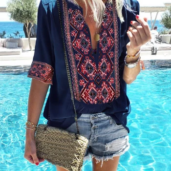 

JODIMITTY 2019 Women Ethnic Style Bohemian Blouse Shirt Sexy V Neck Beach Blusas Summer Casual printed Boho Blouses 4XL 5XL