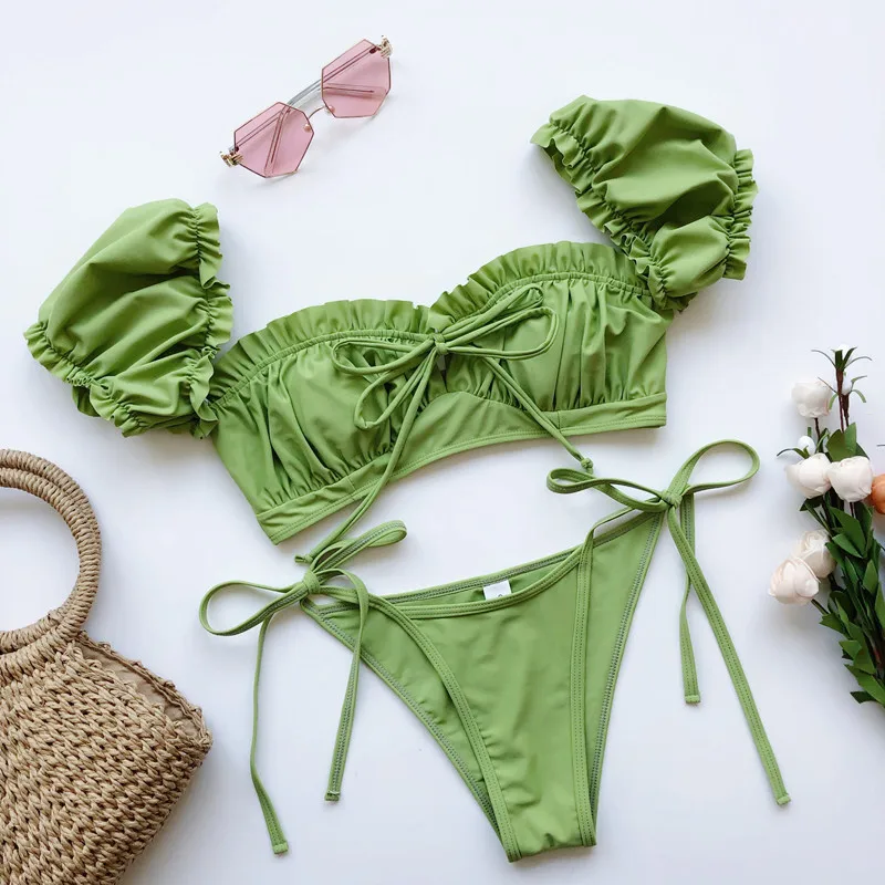 Sexy Micro Bikini Short Sleeve Solid Green Leopard Push Up Padded Pleat Swimsuit Women Bathing Suit Lace Bandage Swimwear | Женская