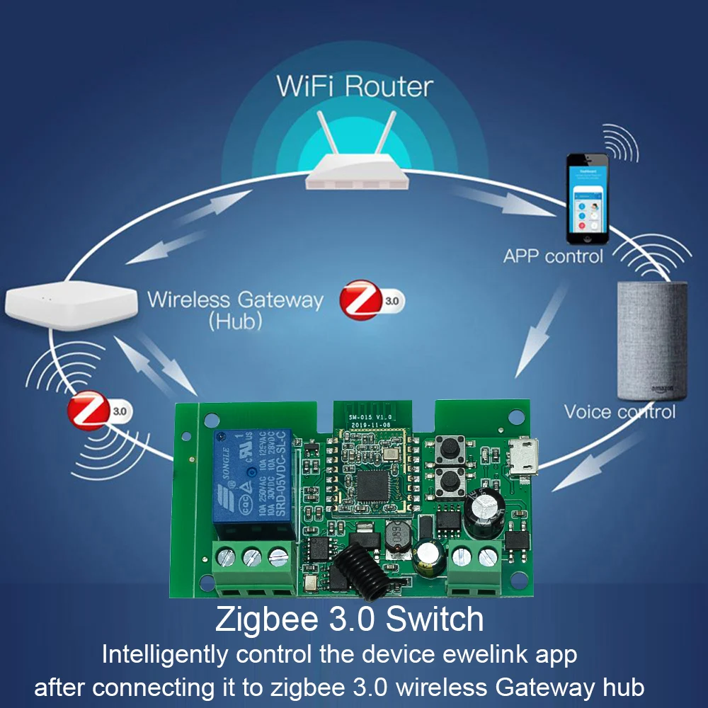 1CH Zigbee Smart Light Switch Module DC AC 7-32V 220V RF433 Receive 10A Relays Work With Alexa Google Assistant,Tuya Smart Life