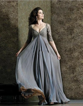 

Plus Size A line Party Gowns V-neck Half Sleeves Chiffon Floor Length Ruffles Empire Waist Bridesmaid Dresses