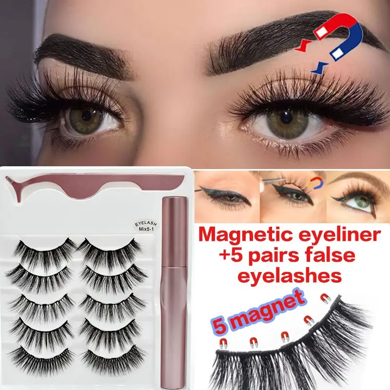 

5Pairs Magnetic Eyelashes & Magnetic Liquid Eyeliner Set Natural Long Magnetic False Eyelashes Eyelash Extension Lashes Make Up