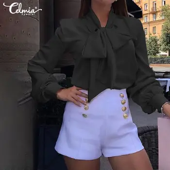 

Celmia 2020 Women Blouses Long Sleeve Bow Tie Casual Tunic Tops Plus Size Solid Loose Shirts Ladies Elegant Work Blusas Feminina