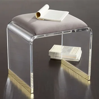 

45cm High Acrylic Clear Stool with Gilded Metal Foot / Transparent Polymer PMMA Stool with Velvet Upholstery