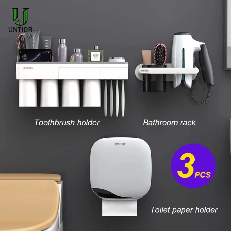 

UNTIOR Bathroom Accessories Set Wall Mounted Toothbrush Holder Toilet Paper Holde Hair Dryer Holder Multi-function Bathroom Set