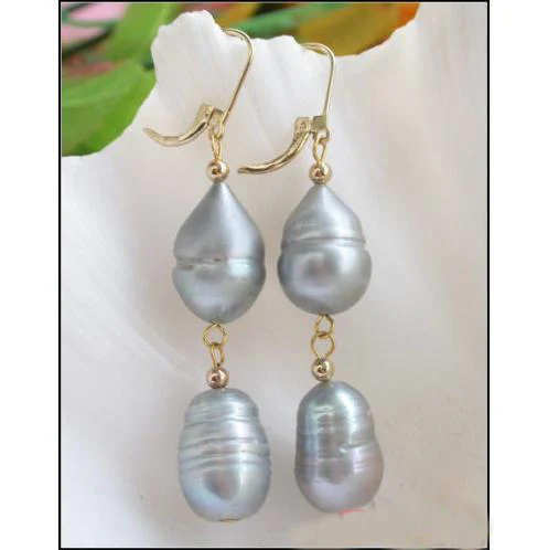 

New Arrival Favorite Pearl Earring 2Line 19mm Gray Drip Freshwater Pearl Dangle Earrings 14k Gold Fine Jewelry Wedding Lady Gift