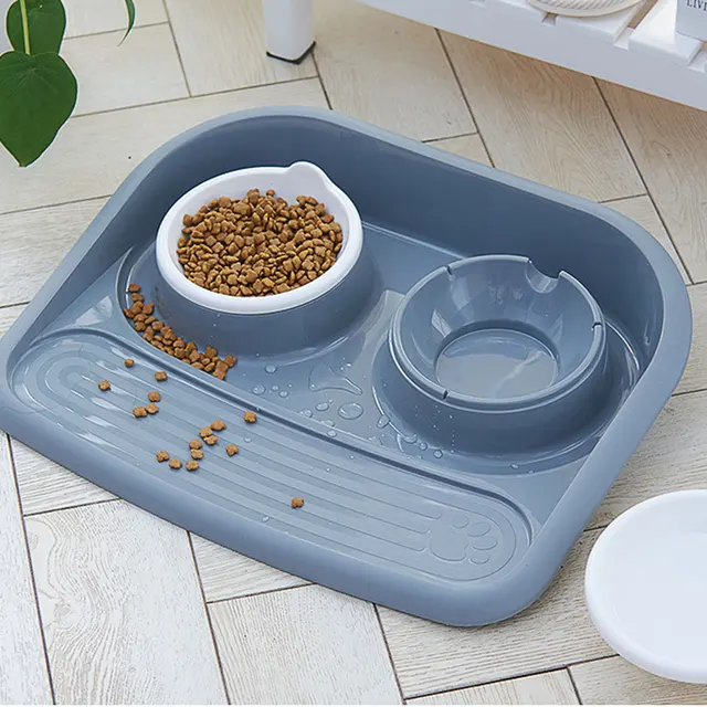 Plastic Dog Cat Feeder Bowl Dual Feeding Food Water Pet Dish Tray