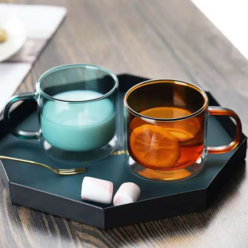 

Drinking Glasses High Borosilicate Colored Heat Resistant Tea Espresso Coffee Mug With Handle Drinkware Double Bottom Water Cup