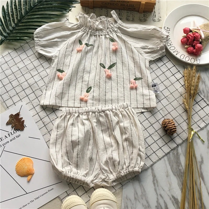 Tonytaobaby Summer Wear New Style Baby Girls Cherry Vertical Striped GIRL'S Suit Two-Piece Set | Детская одежда и обувь
