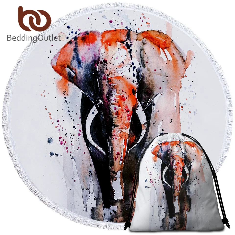 

BeddingOutlet Elephant Beach Towel With Drawstring Backpack Bag Watercolor Art Round Towel Animal Tapestry White Toalla Dropship