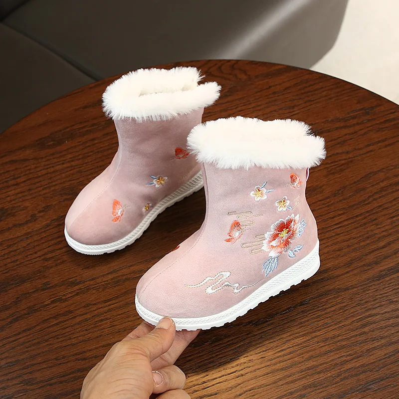 Kids Boots Embroidery Cloth Boots Baby Girls Plus Velve Keep Warm Snow Booties Non-slip Comfortable Safe for Kids ST031 - Цвет: ST031Pink