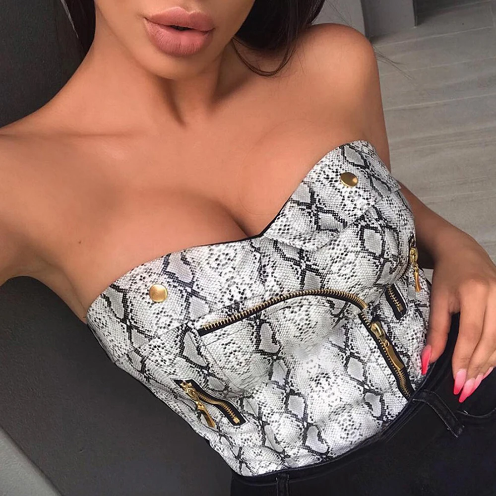 

Sexy Women Snake Skin Pattern Zipper Pocket Tube Tops Sleeveless Strapless Bandeau Top Off Shoulder Party Tank Top Femme