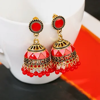

Indian Style Blue Geometric Tassel Jhumka Earrings Gypsy Gold Earrings Women Ladies Round Bell Earrings Oorbellen