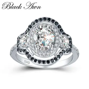 

[SODROV] 3.7g 925 Sterling Silver Jewelry Wedding Rings for Women Black&White Stone Engagement Ring Femme Bijoux Bague C418