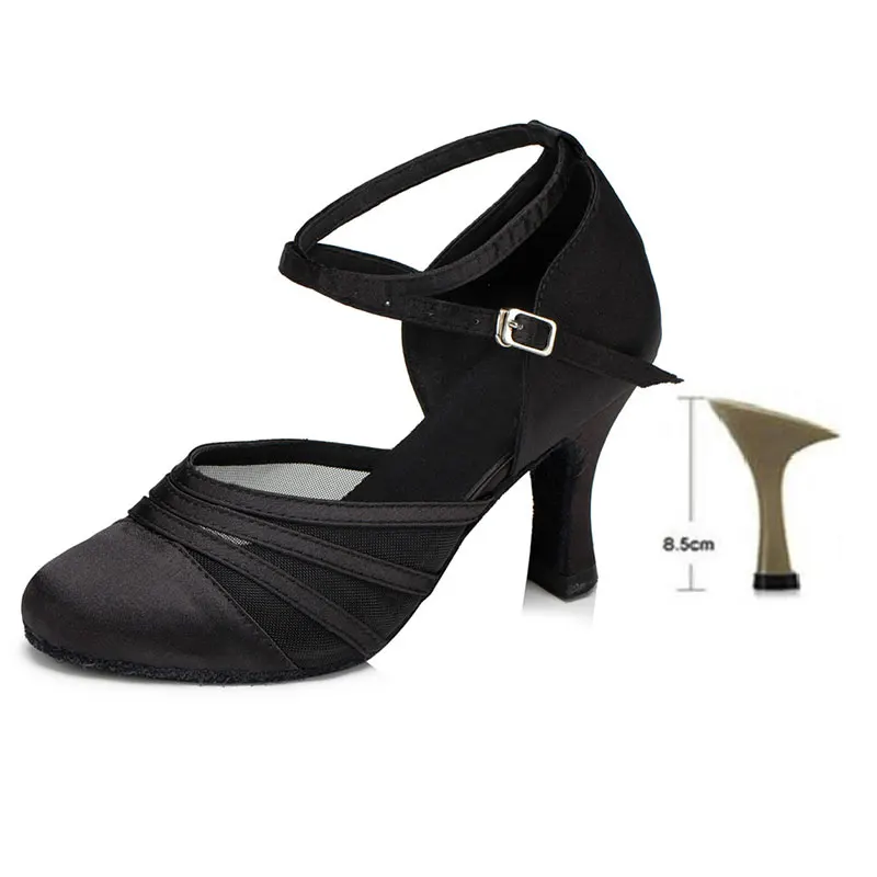 HROYL Women's dance shoes Latin Tango heeled ballroom dance shoes Silk printing Salsa wedding party dancing wholesale 5-10CM - Цвет: Black 8.5CM