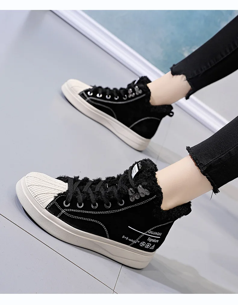 SWONCO Winter Women's Shoes Velvet Fur New Casual Shoes Sneakers Female High Top Winter Ankle Boots Snow Shoes For Women