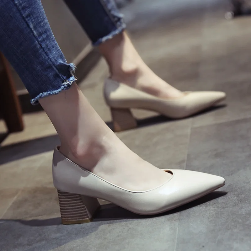 

New Style Small Head Female 2019 High-Heel Versatile Korean-style Pointed Leather Shoes with Soft Girl Rubber Chunky-Heel Korean