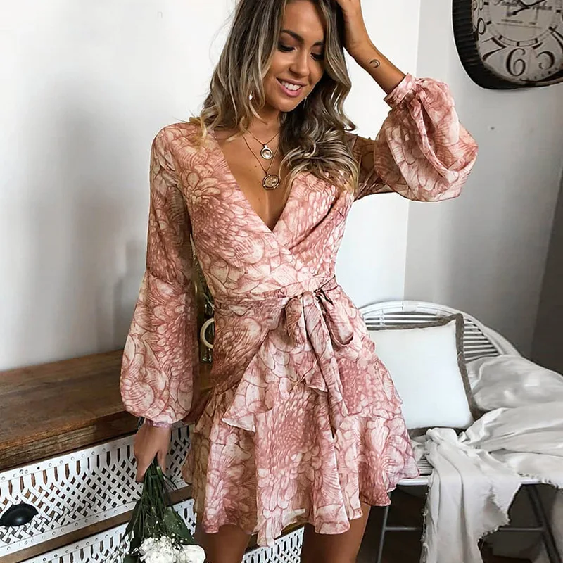 

Europe And America 19 Spring And Summer New Style V-neck Long Sleeve Chiffon Printed Short Skirt Lantern Sleeve Waist Belt Floun