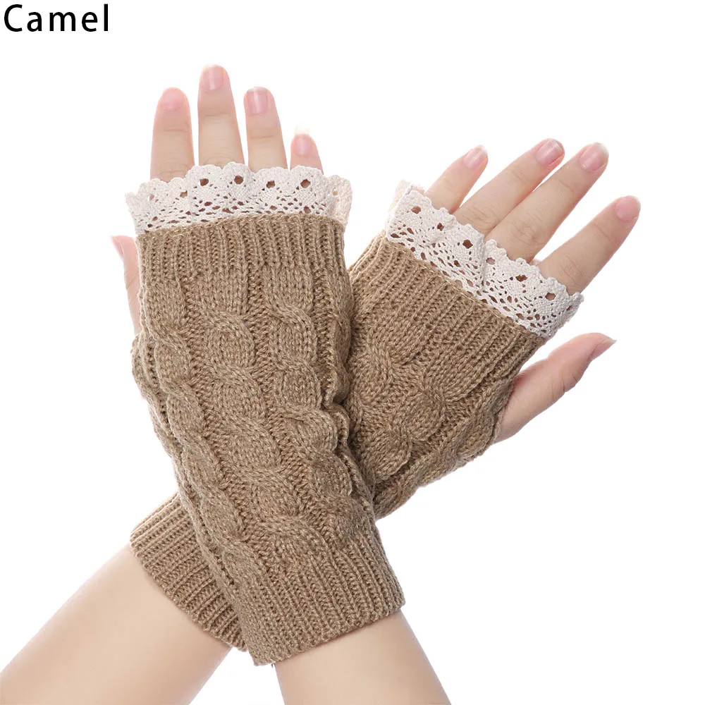 camel Новое поступление, зимние кружевные вязаные перчатки для женщин, толстые теплые митенки без пальцев, модные эластичные мягкие гетры ярких цветов - Цвет: camel