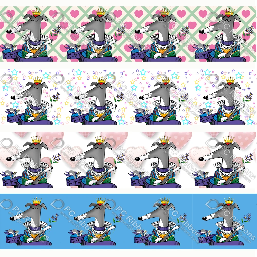 

1-1/2" Cute Greyhound Printed Custom Dog Design Cartoon for DIY Crafts Hair Bow Collar Lanyard/Satin /3" Grosgrain Ribbon CA336