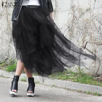 

Stylish Summer Midi Vestidos Women's Tutu Skirts ZANZEA Casual High Waist Mesh Skirts Female Solid Lace Faldas Saia Plus Size