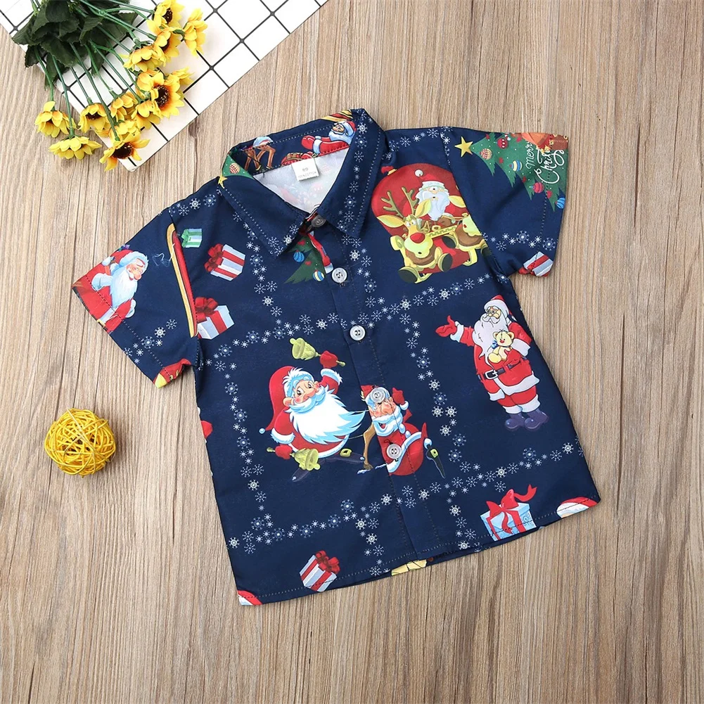 Рождественский комплект одежды для маленьких мальчиков и девочек с принтом Санта-Клауса, рубашка с лацканами для мальчиков платье с цветочным рисунком для девочек