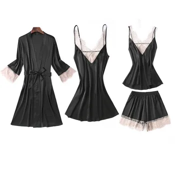 

Pajamas Set Sexy Womens Strap Pijamas 4PCS V-Neck Nightdress Robe Gown Lace Sleep Suit Sleepshirt Kimono Negligee Home Clothing