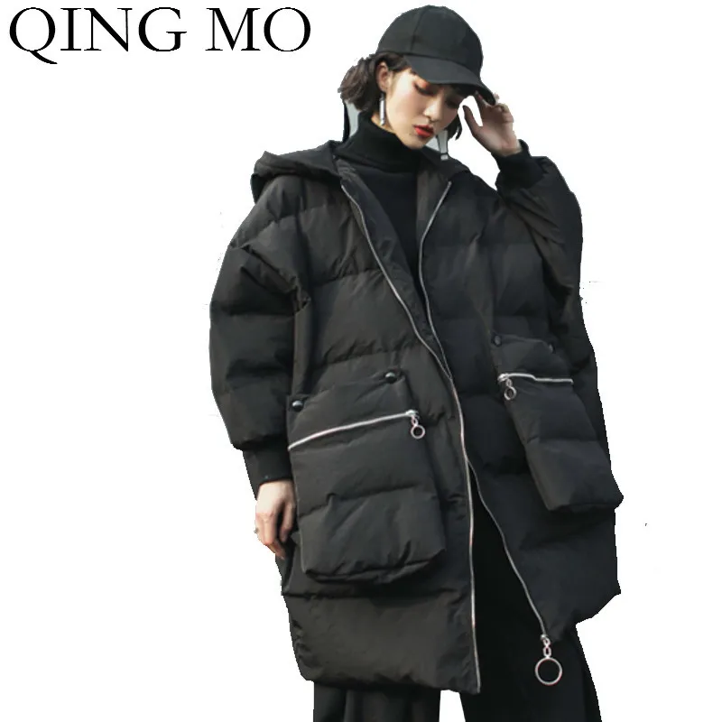 QING MO/Черная Женская парка с капюшоном зимнее толстое теплое пальто хлопковой