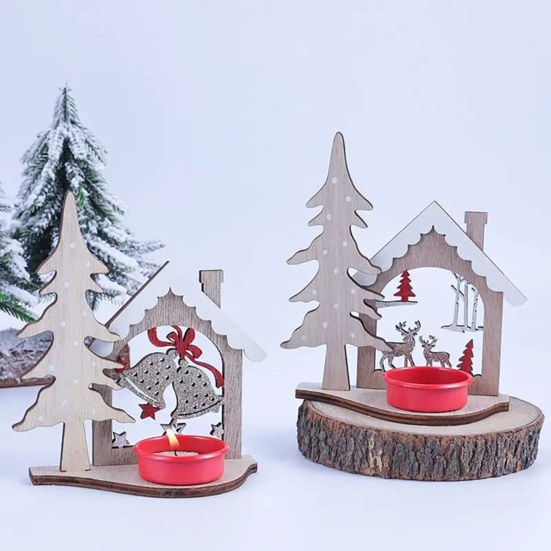 2pcs/set Christmas Tree Bell Deer Candlestick Tea Light Wooden Candle Holder DIY