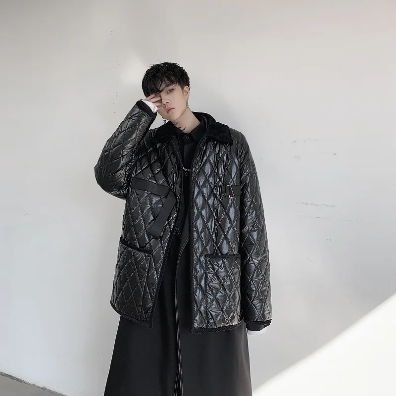 

Men Japan Style Loose Casual Dark Black Plaid Cotton Padded Jacket Male Streetwear Hip Hop Gothic Ribbon Outerwear Parka Coat