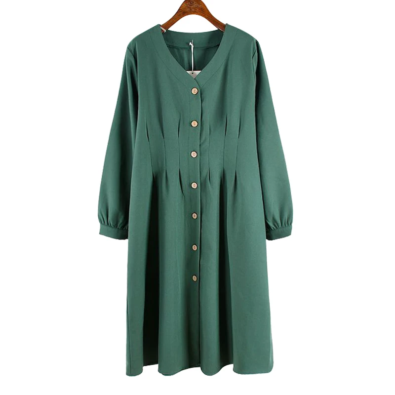 

[EWQ] 2019 Spring Autumn New Pattern V-collar Long Sleeve Solid Patchwork Single Breasted Vintage Dress Women Fashion Tide AH233