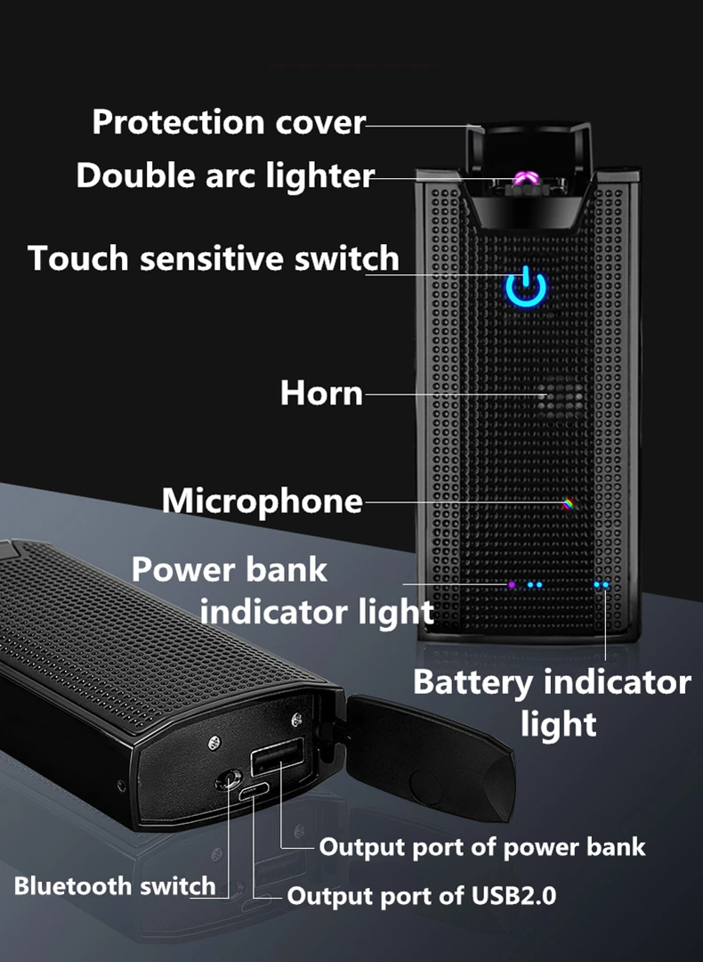 Электрическая зажигалка с power bank dual arc Bluetooth TM звук перезаряжаемый защищенный от ветра для курения аксессуары Рождественский подарок для мужчин