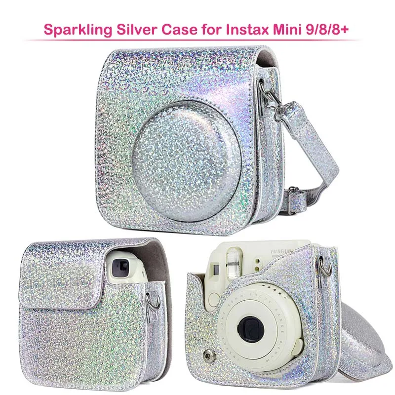Чехол для Камеры моментальной печати Fujifilm Instax Mini, чехол из искусственной кожи с плечевым ремнем для камеры Instax Mini 9/8+/8 Polariod s - Цвет: Sparkling Silver